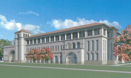 Edward M. Dowd Building, front view, with blue sky and green lawn.