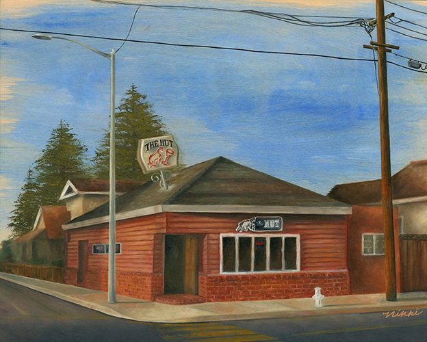 A painting of a brick building with a cloudy sky background.