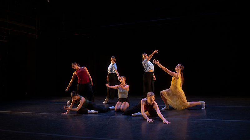 3 female dancers standing and 4 female dancers kneeling 