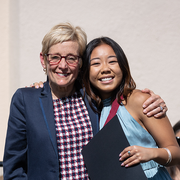 SCU President Julie Sullivan and Class of 2023 Valedictorian Angel Lin