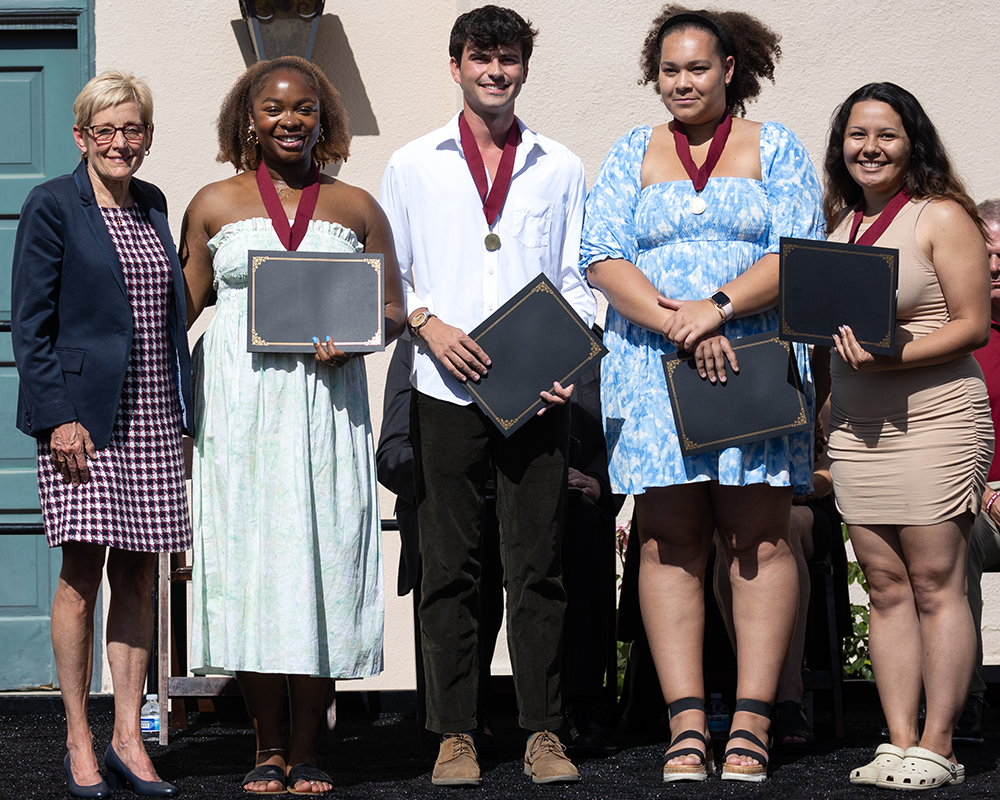 SCU President Julie Sullivan and Class of 2023 Bateman Award for Inclusive Excellence winners Kaylen Chase, Cole Brunelli, Grace Evans, Taylor Kealoha