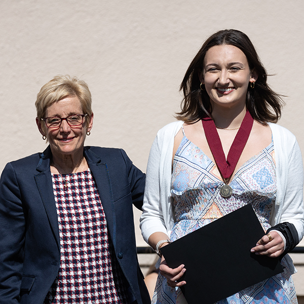 SCU President Julie Sullivan and Class of 2023 Neider Family Alumni Service Award winner Catherine Cunha