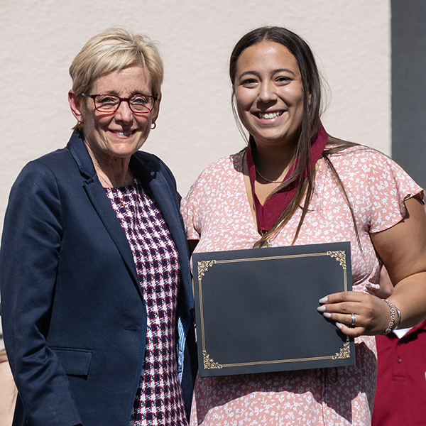 SCU President Julie Sullivan and Class of 2023 Richard J. Riordan Award winner Grace Leete 