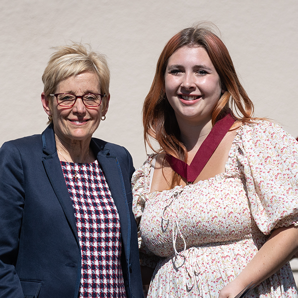 SCU President Julie Sullivan and Class of 2023 Richard J. Riordan Award winner Juliet Kulusic 