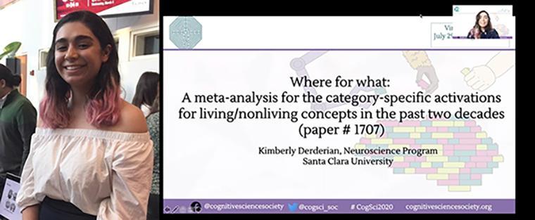 (Left) Kimberly at the presentation of CAS Family Weekend at SCU; (Right) Kimberly presenting her poster at the CogSci 2020 virtual conference.