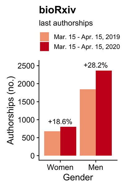 The graph shows a greater percentage change in mens authorships compared to womens between 2019 and 2020