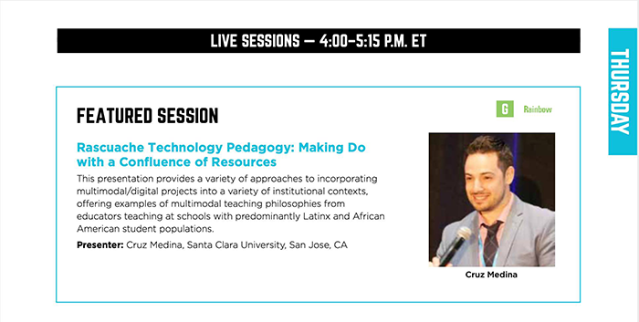 Program description - Title Rascuache Technology Pedagogy Making Do with a Confluence of Resources Description - This presentation provides a variety of approaches to incorporating multimodal/digital projects into a variety of institutional contexts offering examples of multimodal teaching philosophies from educators teaching at schools with predominantly latinx and african american student bodies