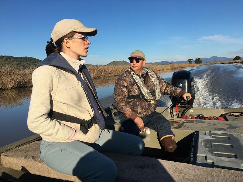 Phragmites project team members surveying Suisun Marsh by boat.