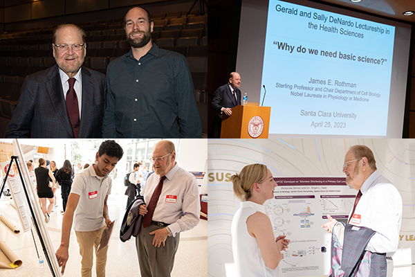 Dr. James E. Rothman with Brian Bayless and separately with students presenting research.