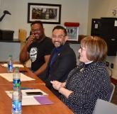 Christopher Logan of Sacred Heart Community Service (L), San Jose District 3 City Council Member Omar Torres (C), and The Very Reverend Julia McCray-Goldsmith (R)