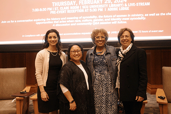 Women Speak on the Synod panelists Dr. Elyse Raby (SCU), Dr. Rachel Bundang (SCU), Dr. C. Vanessa White (Catholic Theological Union, Chicago), Dr. Elsie Miranda (Association of Theological Schools)