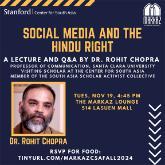 Social media ad for a Rohit Chopra talk for the Markaz Resource Center and the Center for South Asia at Stanford University in November 2024