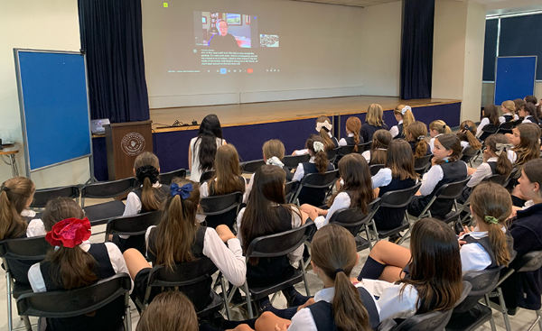 Students at Villa Maria Academy in Santiago, Chile, on Zoom with Dr. Jiménez