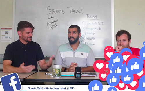 Three men discussing sports at a table with social media reaction icons.