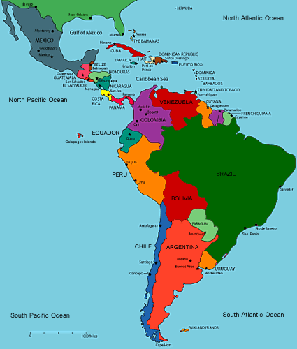 Alt text: Colored political map of Latin America.