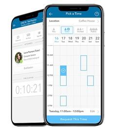 Two smartphones displaying the Penji app screens with a calendar and profile.