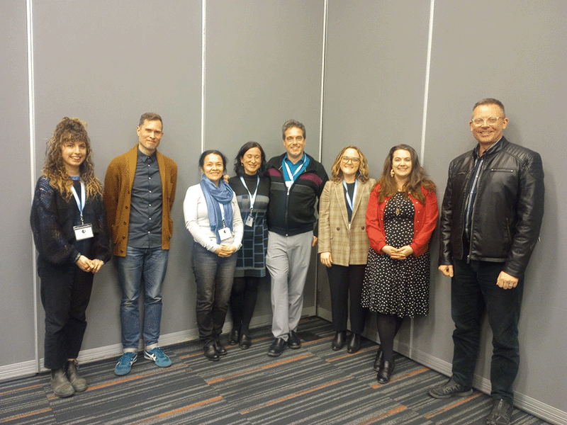 Albero Ribas-Casasayas with some co-presenters (Ariel Pickett (Mc Gill U) – George Shea IV (Cal State Stanislaus), Mara Uriol-Gárate (UC Davis), Ana Luengo (SFSU), Lauren Mehfoud (U of Virginia), Lana Cook (MIT), and Oliver Davis (U. of Warwick)