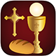 Golden cross, chalice with host, and loaf of bread icon on burgundy background.