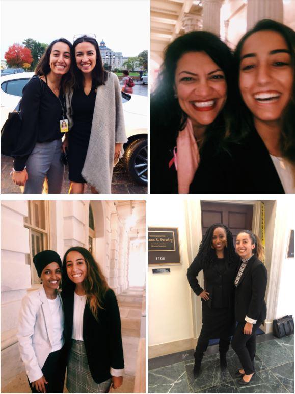 Four women posing together and smiling in different locations in collage format.