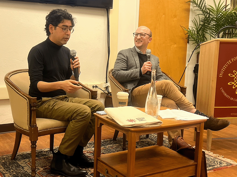 Daniel Morgan speaking with Professor Abhishek Kaicker at UC Berkeley's The Institute for South Asia Studies.