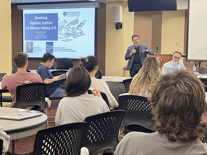 Kurt Foreman, Director of Operations at Cathedral of Faith in San Jose shared plans for affordable housing to be built on church property with SCU students.