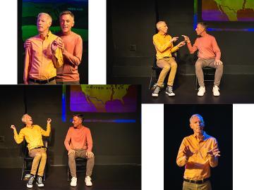 Collage of 4 images of 2 men in bright shirts performing in a black box theatre with a projected map backdrop