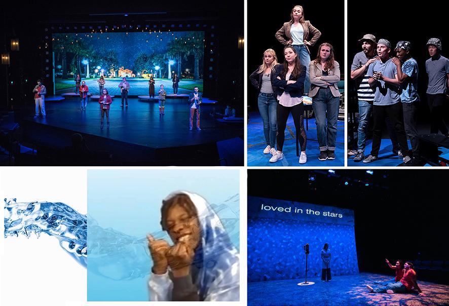 Collage of 5 photos of SCU devised theater productions: top left 