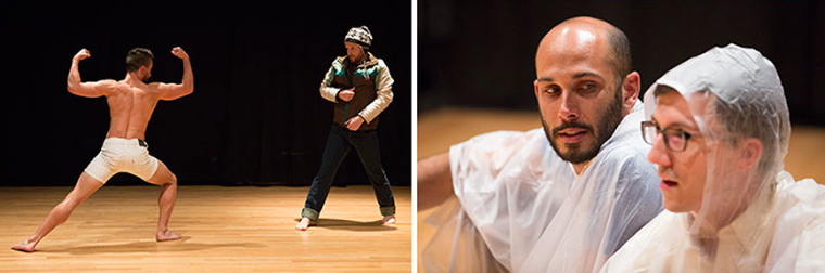 Left image is of a shirtless man with fists up facing a man in a beanie and windbreaker; right image is a close-up of 2 men in see-through ponchos - than man with glasses has the poncho hood up, the other man is bald with a beard