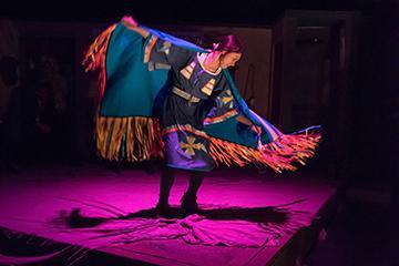 Person wearing a vibrant costume performing on a lit stage.