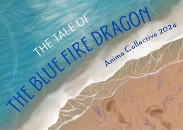 Title The Tale of the Blue Fire Dragon in white and blue on a beach with waves closeup