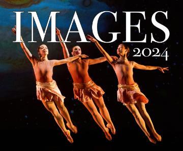 4 female ballerinas in pink leotards jumping in arabesque in front of a projected image of Jupiter