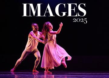 Modern dance couple in white costumes on a dark background with text 