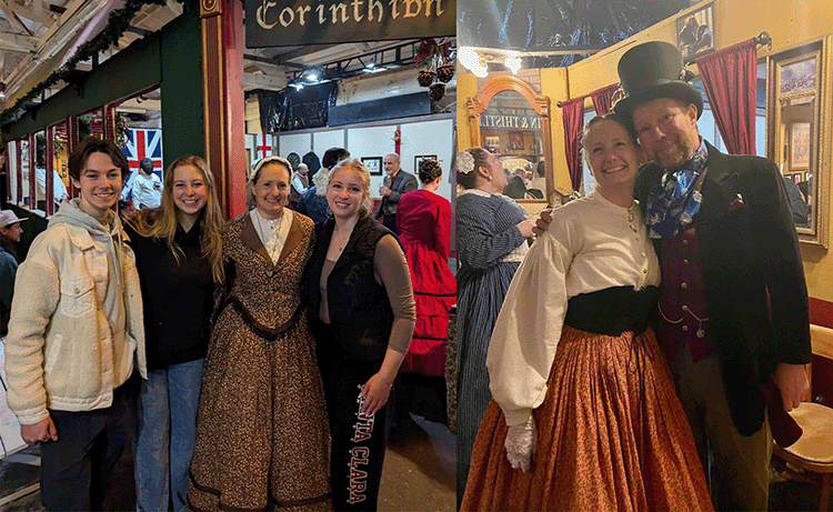 Image on left is a woman in Victorian dress with 2 female and 1 male college student at the Great Dickens Christmas Fair; Image on the right is a man and a woman in Victorian clothing in bar