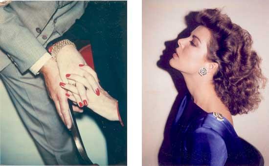 Close up of a man and woman's hand clasped together. Polaroid of Caroline, Princess of Monaco with her head tilted back and eyes closed.