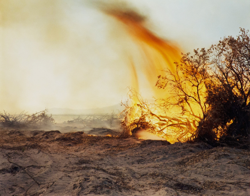 Color photograph of large bush on fire. Flames are blowing towards the left side. Mountain range is in the background.