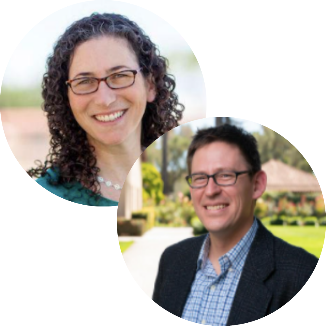 A woman and man smiling in separate circular frames.