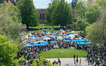 Pro-Palestinian student encampment at the University of Oregon, 1 May 2024 Spacemace1, CC0, via Wikimedia Commons.