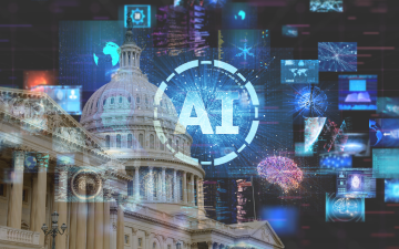 U.S. Capitol building in Washington, D.C overlayed with AI digital concepts including circuitry and the human brain. Images by Joel Carillet and Vertigo3d from Getty Images Signature combined and modified via Canva Enterprise.