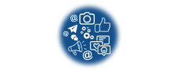 Various symbols and icons representing internet technology and social media icons. 