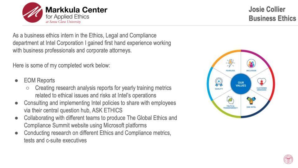 2023-24 Business Ethics Intern Josie Collier's slide on Intel Business Ethics and Legal Compliance Internship.