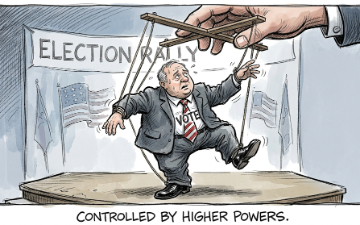 Voter at election rally shown attached to strings and being controlled like a puppet by a hand from above. Image created by Nicole using AI via Gemini