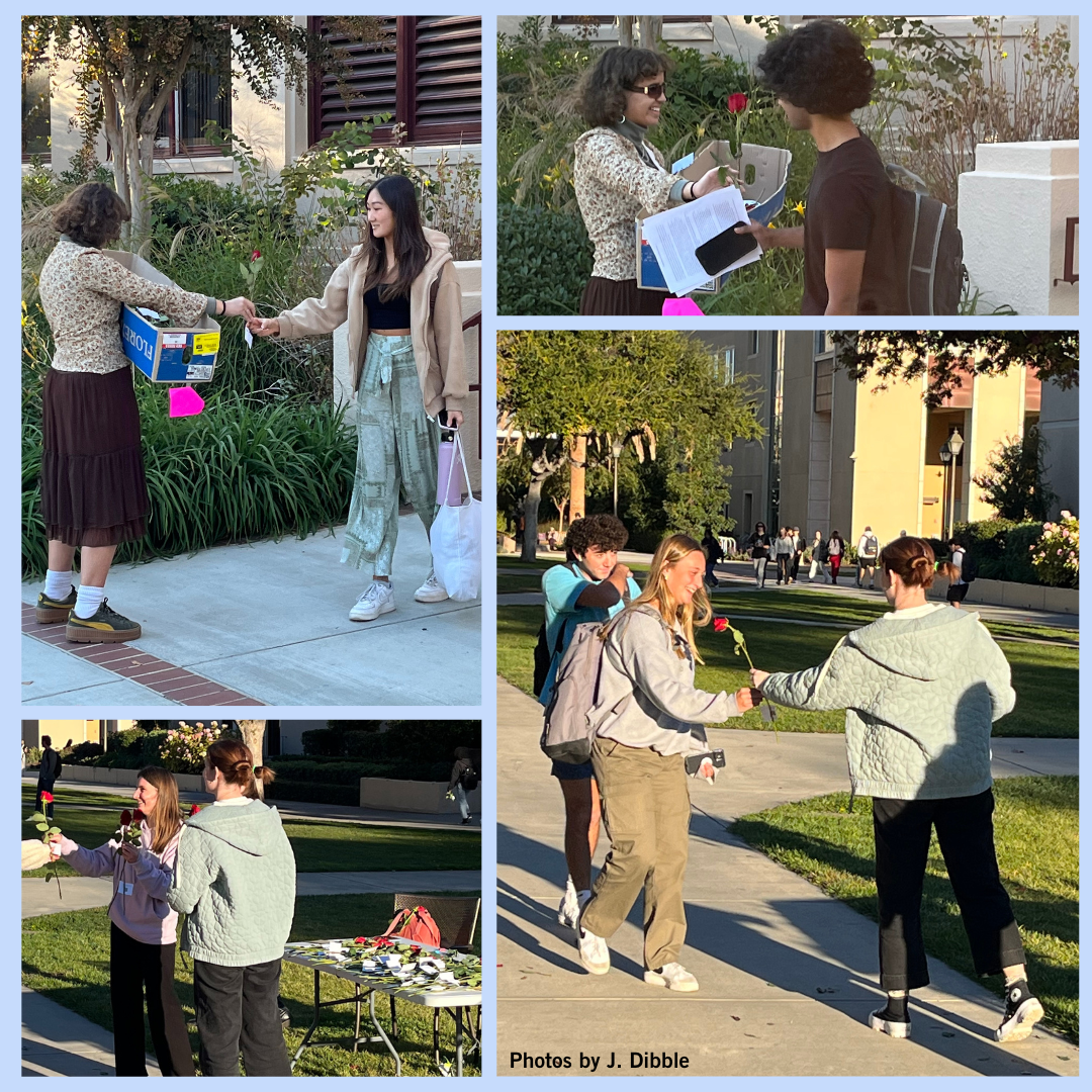 Campus Ethics Team fellows hand out roses on SCU campus to raise mental health awareness.