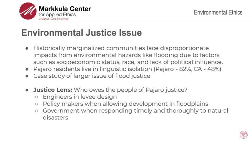 2023-24 Environmental Ethics Fellows Sarah Young, Anna Krebs, Tatum Petti, Emma Young, and Karina Martin's slides on Examining the Pajaro Levee Failure.