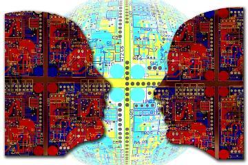 Two abstract, mirrored human profiles with technological elements and circuitry.