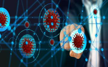 person in business suit pointing finger at Digitized  Covid-19  image