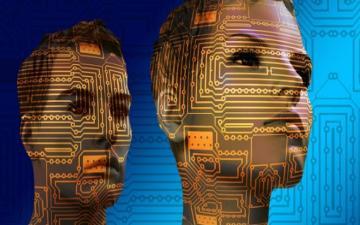 Two digital faces with circuit patterns on a blue background.