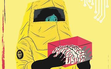 A person in a hazmat suit holding a brain labeled 