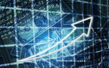 Graph with upward arrow and dollar sign indicating increase in exchange rate.