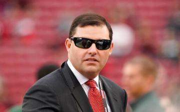 San Francisco 49ers owner Jed York watches players warm up before the NFL NFC Championship football game against the San Francisco 49ers Sunday, Jan. 19, 2020, in Santa Clara, Calif. (AP Photo/Tony Avelar) image link to story