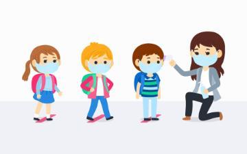 illustration of children wearing face masks lined up to get hand sanitizer from teacher